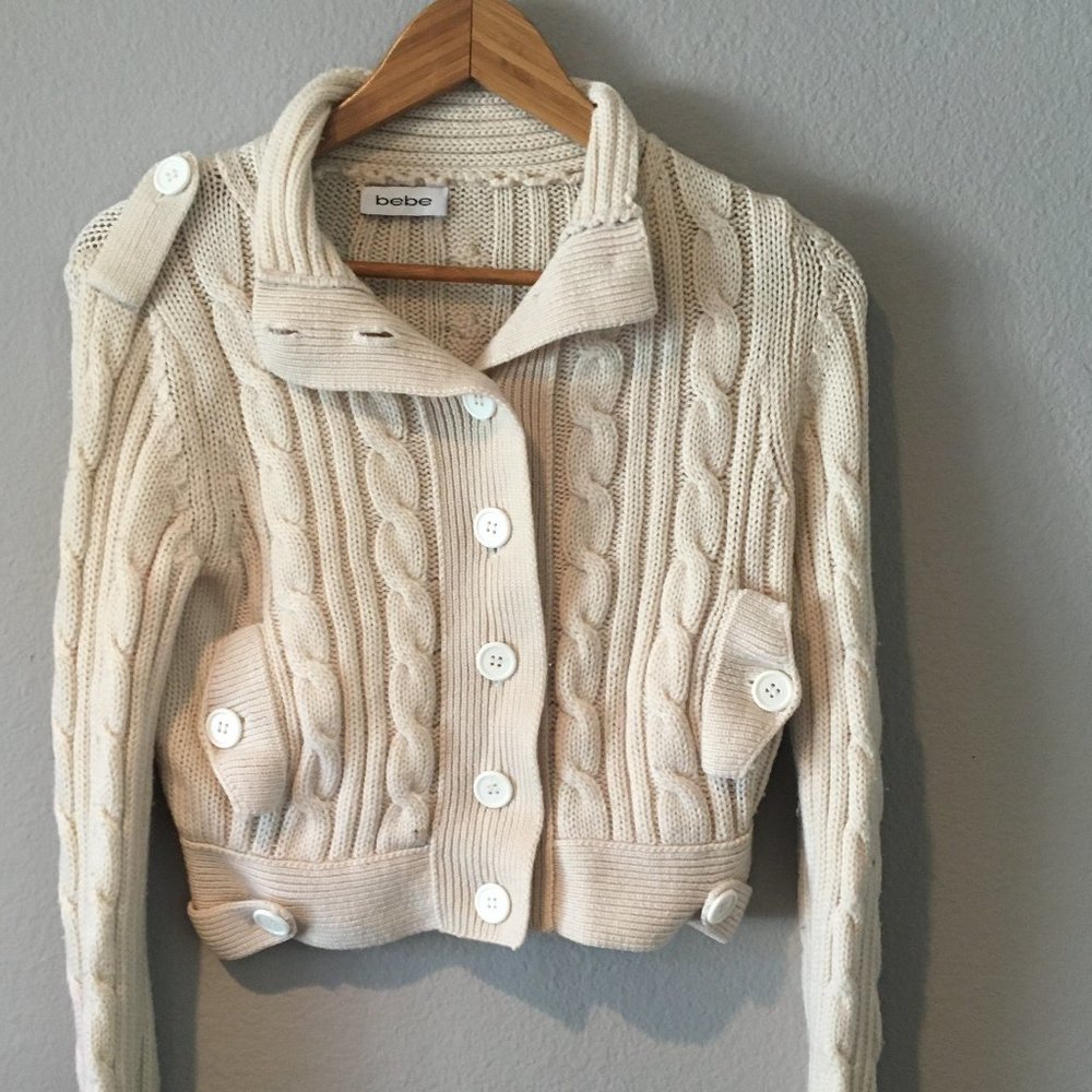 Bebe Cable Knit Cropped Cardigan Sweater in Beige